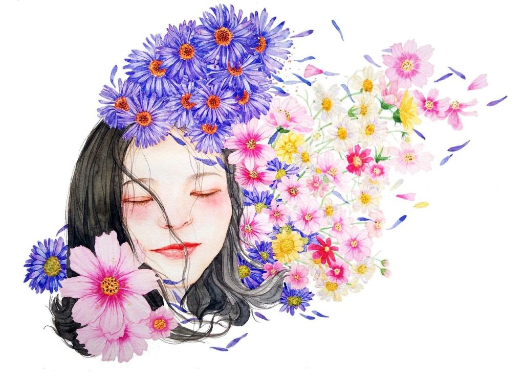 watercolor, portrait, nature, character, girl, woman, flowers, spring, art, dream, wallpaper for girls